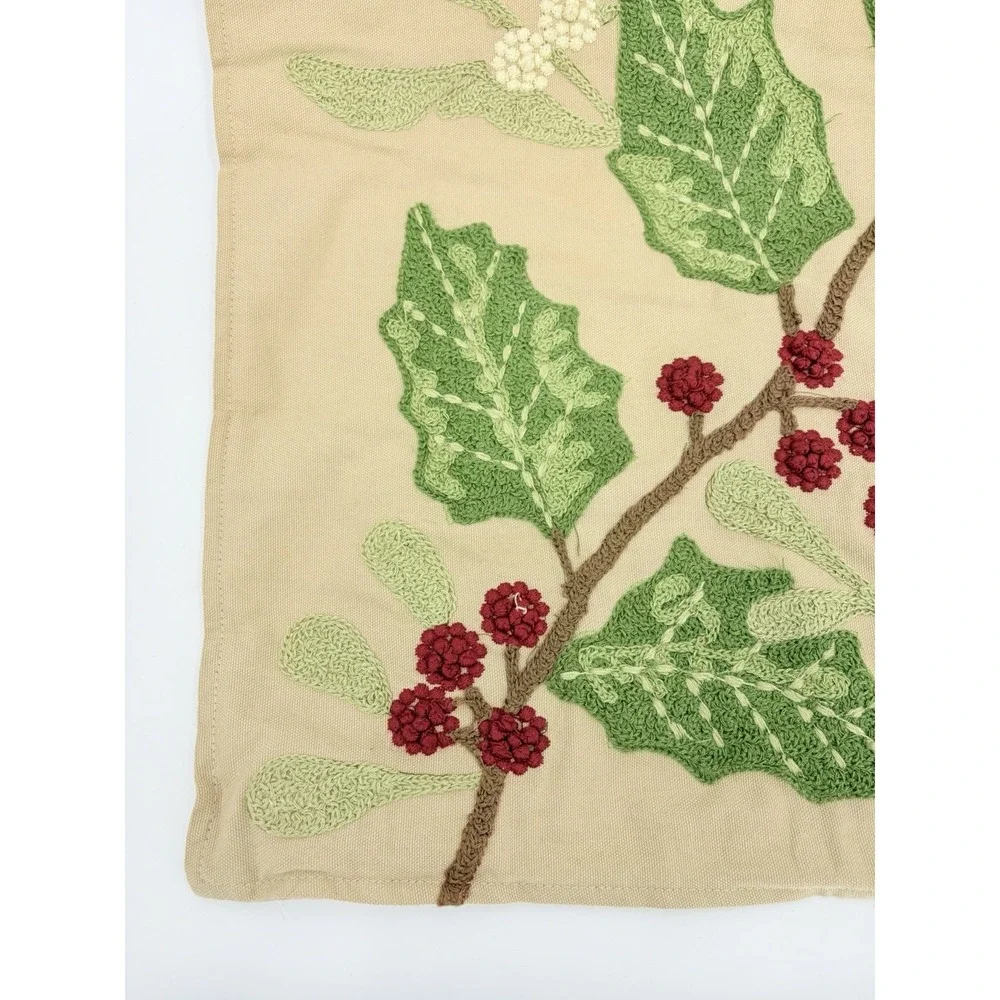 Pier 1 Throw Pillow Cover Christmas Holiday Embroidered Holly Berries Mistletoe